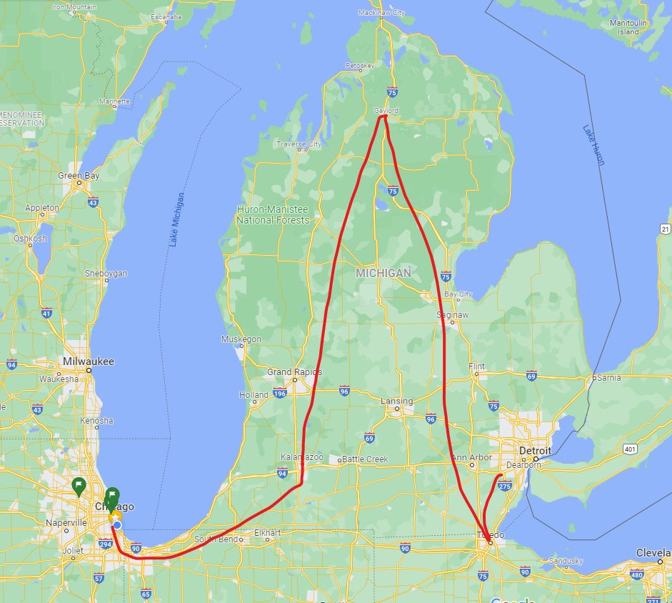 Map of Michigan showing the path of my package from Detroit to Chicago